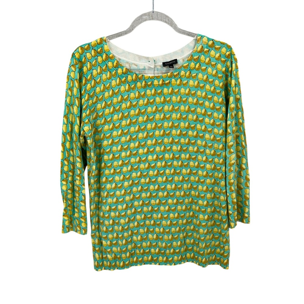 Talbots Sweater Women M Green Yellow Fruit Pear Print Button Back Boho Whimsical